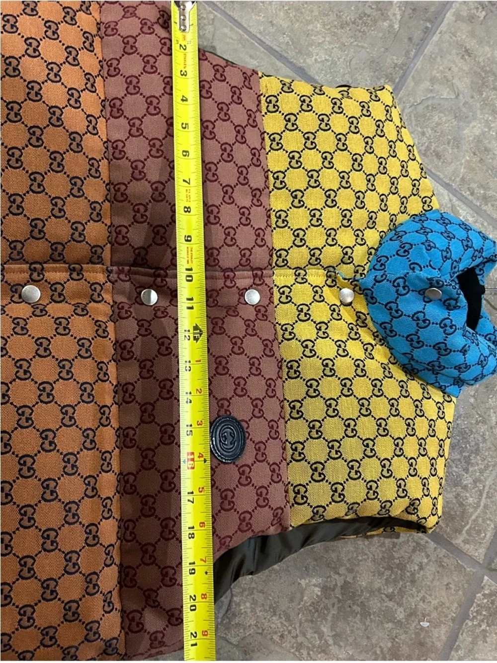Men’s Gucci, multicolor yellow blue pink patchwork GG down size 48/small vest